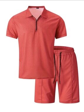 Men's Red Short Sleeve Zip Polo and Drawstring Shorts Set 4XL